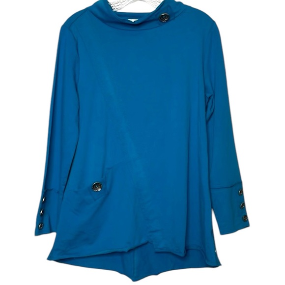 Neon Buddha Women’s S Coffee Date Tunic Top Teal Lagenlook Raw Edge Asymmetrical - Picture 1 of 12